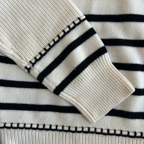 La Ligne Marine Mockneck Cream & Navy Stripe Blanket Stitch Merino Wool Sweater - Picture 4 of 6